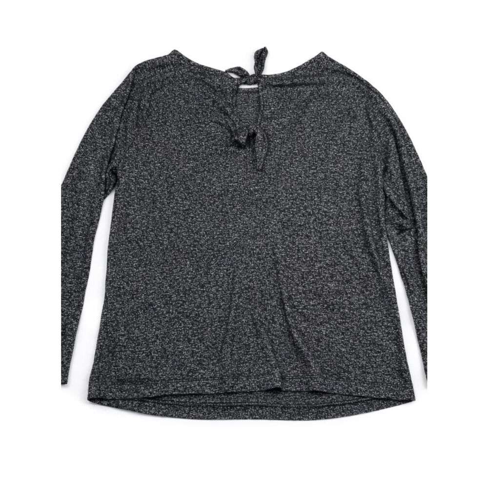 LOFT Soft Knit Top Black Marled Casual Tie Neck Relaxed Comfy Stretchy Shirt PM